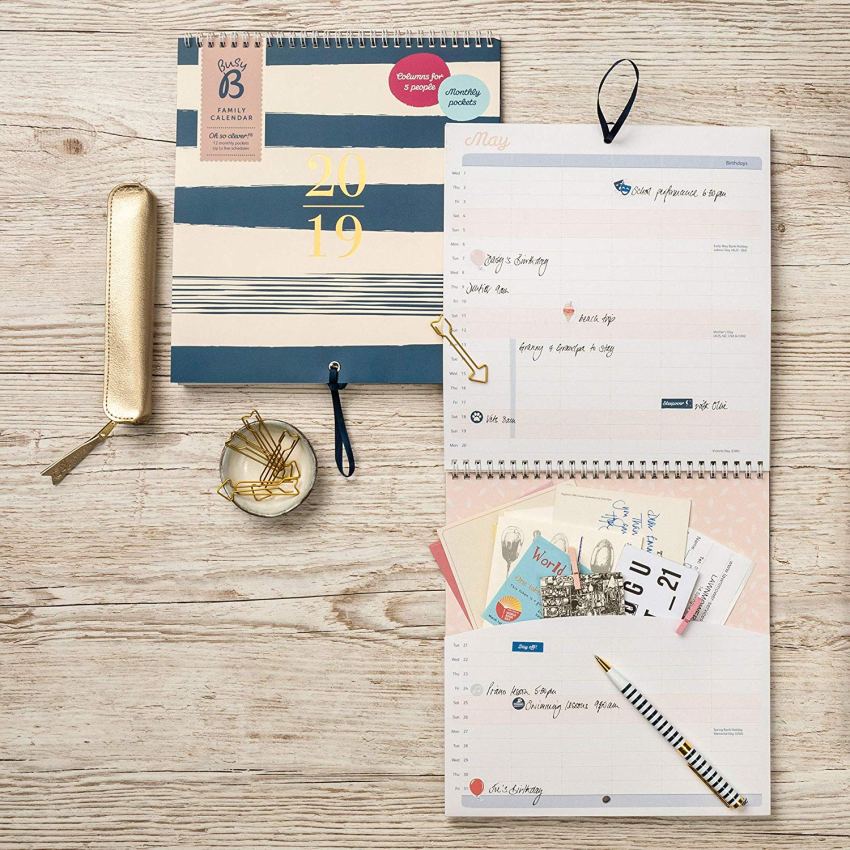Busy B 2019 Pretty Family Calendar with 12 Monthly Pockets/Stickers/Ribbon Loop