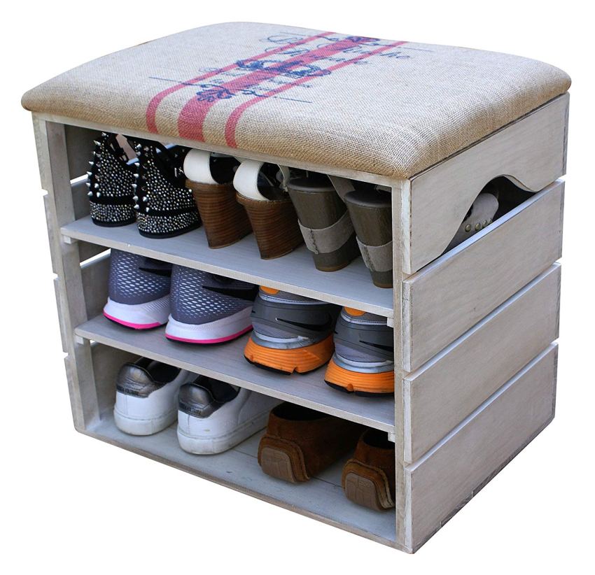 LIZA LINE SHOE RACK (VINTAGE WHITE) - Premium Vintage Wooden Shoes Organiser, Storage, Cabinet, Holder Bench with Soft Seat Cushion for Entryway, Hallway. Solid Nordic Wood - 51 x 47 x 35 cm (Red Stripes)