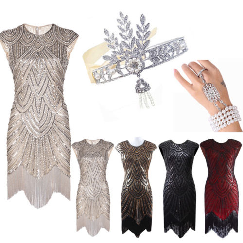 Vintage 1920s Flapper Dress Great Gatsby Sequins Fringeds Cocktail Party Dresses