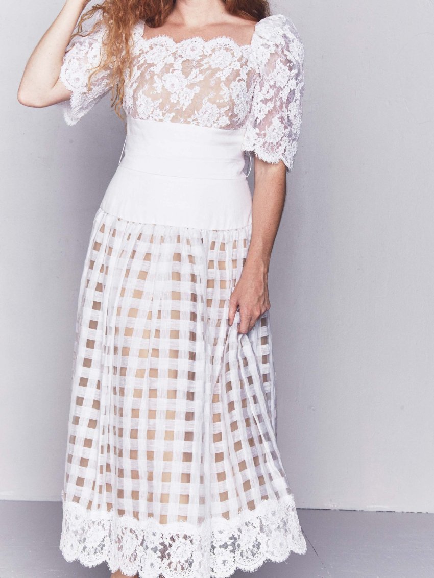 VINTAGE 1960S WILLIAM PEARSON LACE AND GINGHAM WEDDING DRESS