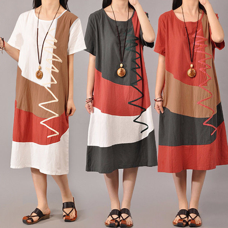 Vintage Women Summer T-Shirt A-Line Party Dress Floral Print Stripe Shirt Dress