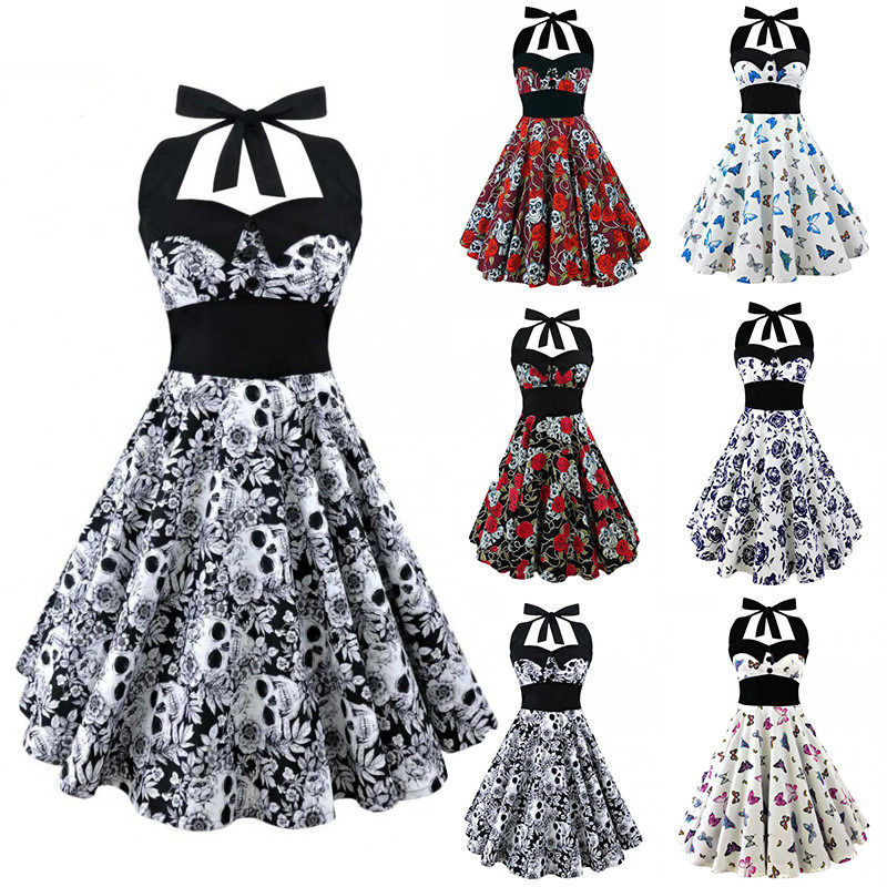 Women Skull Printed 50s Rockabilly Swing Dress Flared Vintage Pin Up Party Dance