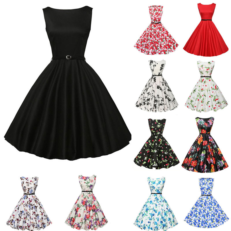 Women Vintage Style Pinup Swing Evening Party Sleeveless Rockabilly Retro Dress
