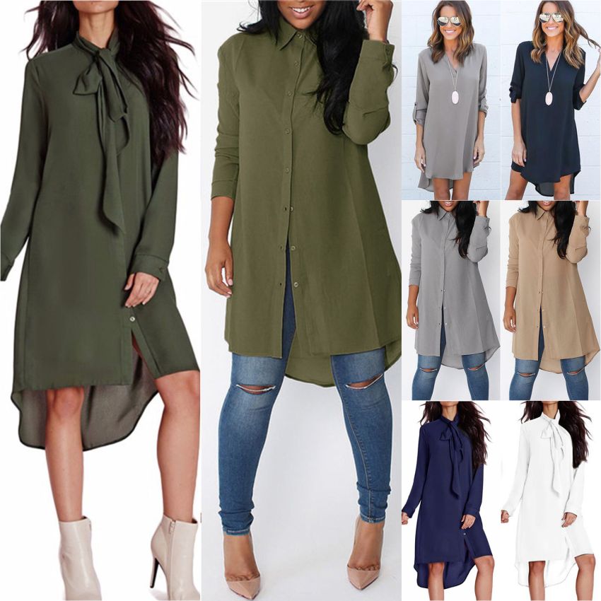 Womens Chiffon Shirt Dress Long Sleeve Ladies Loose Blouse T-shirt Casual Tops