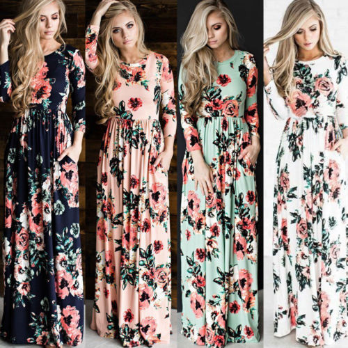 Womens Floral Long Maxi Dress Long Sleeve Evening Party Summer Beach Sundress