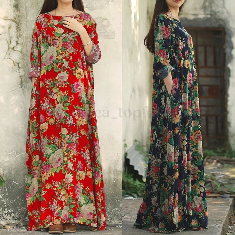 ZANZEA Vintage Womens Long Sleeve Loose Floral Print Long Maxi Dress Kaftan Tops