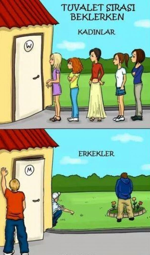 kadin ile erkek arasindaki farklar tuvalet sirasi beklerken